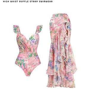 Beautiful high waisted ruffle straps, pink floral, size L